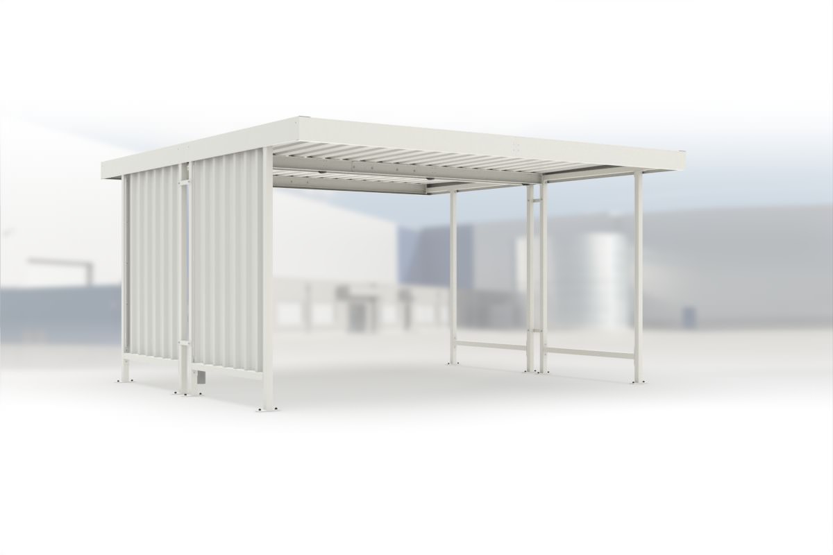 Carport Leipzig L44 RAL 9002 grauweiß, 4300 × 4400 mm, Flachdach mit Trapezblech, mit Trapezblech-Seitenwand links – Stahlbausatz zur Eigenaufstellung