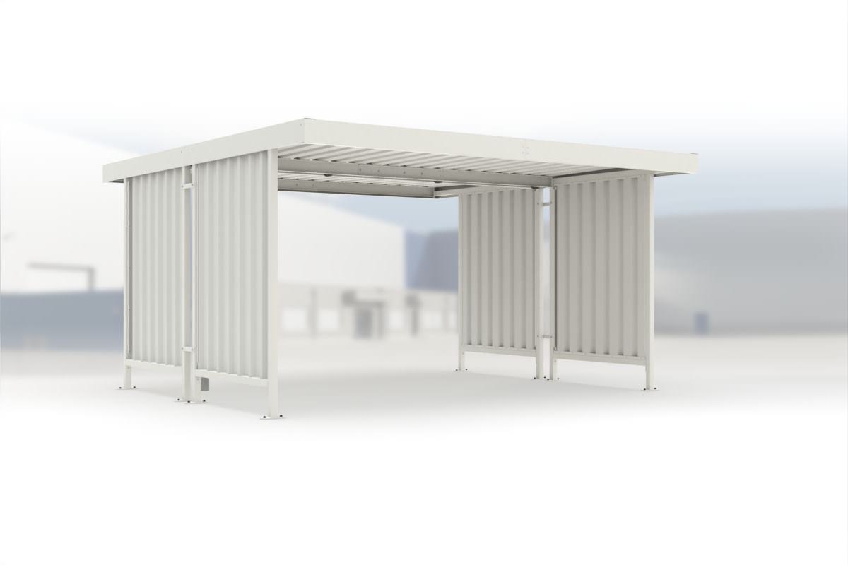 Carport Leipzig L44 RAL 9002 grauweiß, 4300 × 4400 mm, Flachdach mit Trapezblech, mit Trapezblech-Seitenwänden links und rechts – Stahlbausatz zur Eigenaufstellung