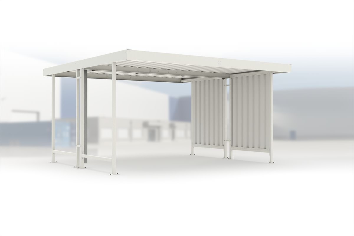 Carport Leipzig L44 RAL 9002 grauweiß, 4300 × 4400 mm, Flachdach mit Trapezblech, mit Trapezblech-Seitenwand rechts – Stahlbausatz zur Eigenaufstellung
