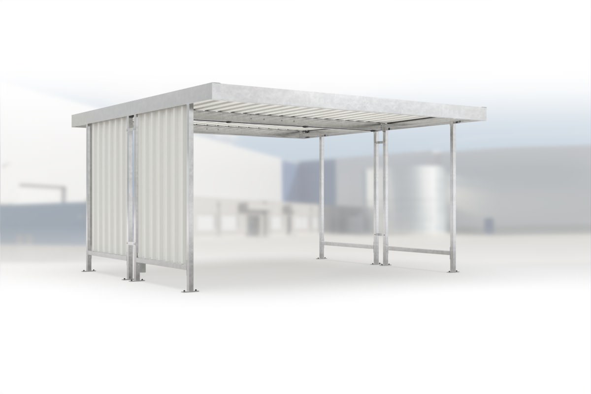 Carport Leipzig L44 feuerverzinkt, 4300 × 4400 mm, Flachdach mit Trapezblech, mit Trapezblech-Seitenwand links – Stahlbausatz zur Eigenaufstellung