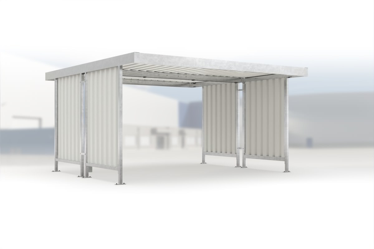 Carport Leipzig L44 feuerverzinkt, 4300 × 4400 mm, Flachdach mit Trapezblech, mit Trapezblech-Seitenwänden links und rechts – Stahlbausatz zur Eigenaufstellung