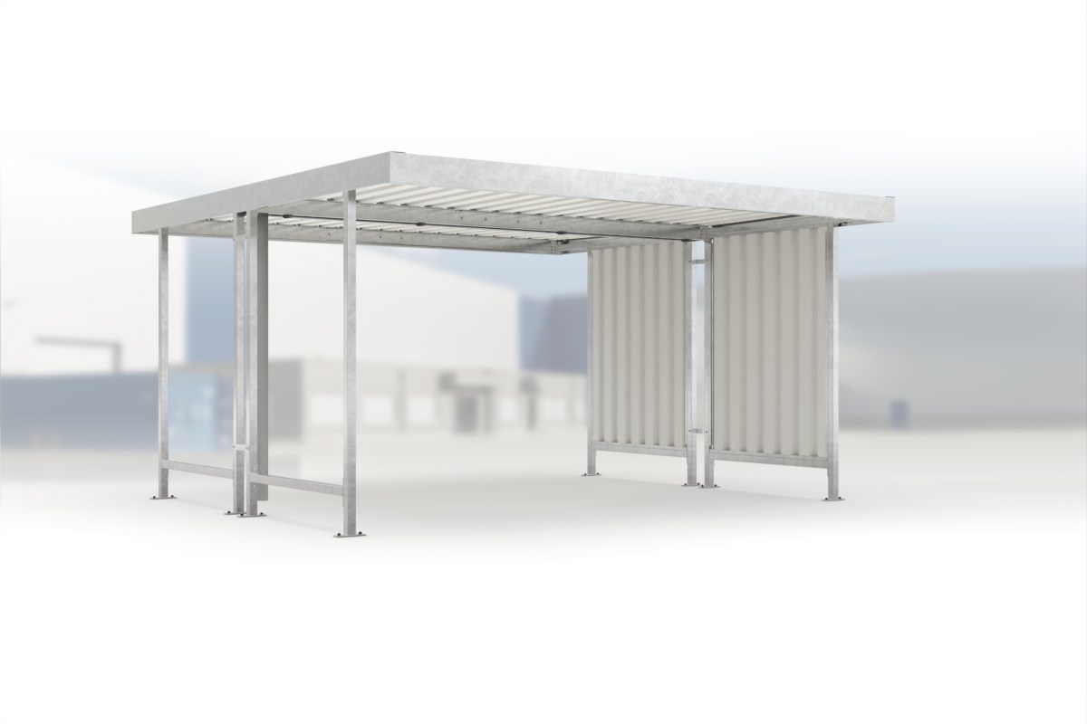 Carport Leipzig L44 feuerverzinkt, 4300 × 4400 mm, Flachdach mit Trapezblech, mit Trapezblech-Seitenwand rechts – Stahlbausatz zur Eigenaufstellung