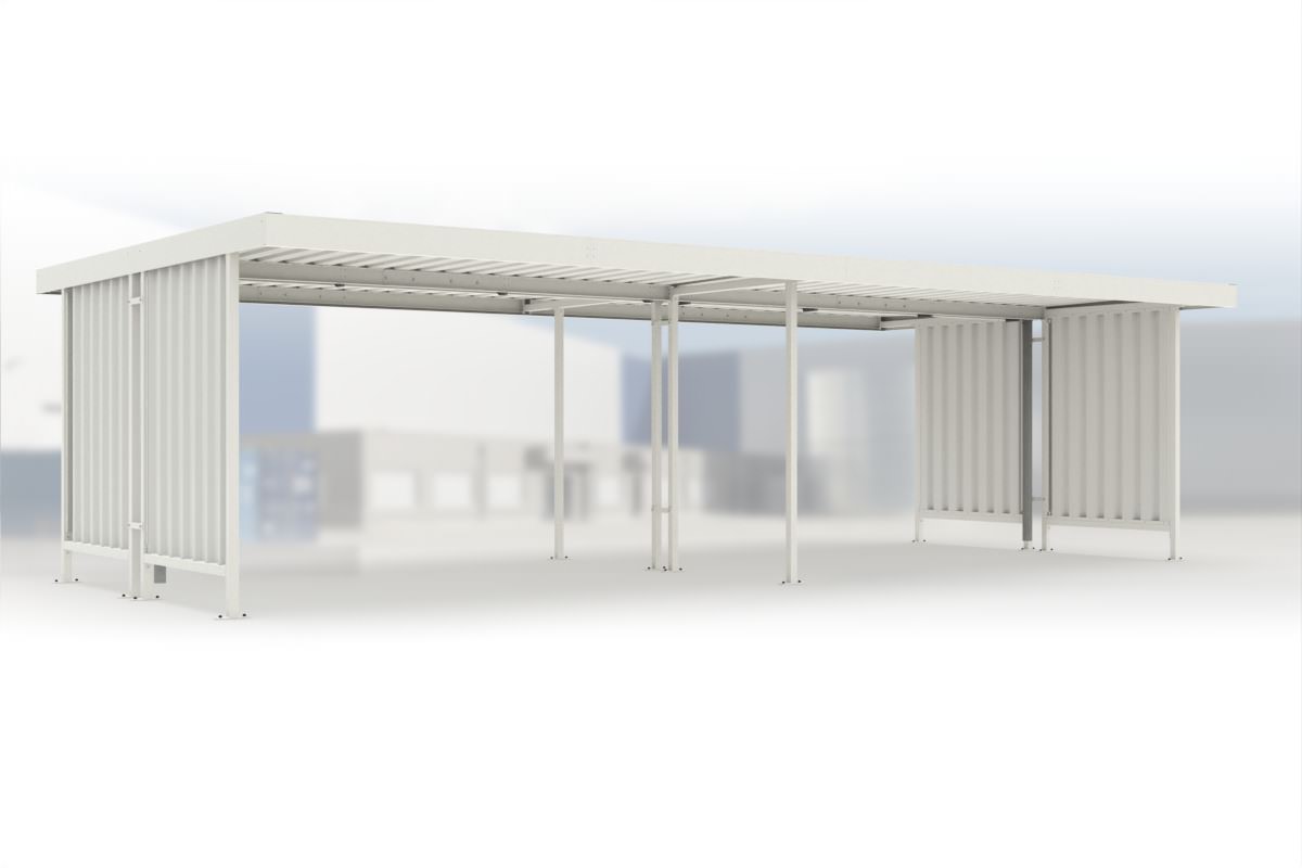 Anbaueinheit Leipzig L45 RAL 9002 grauweiß, 4300 × 4400 mm, Flachdach mit Trapezblech, mit Trapezblech-Seitenwänden links und rechts – Stahlbausatz zur Eigenaufstellung