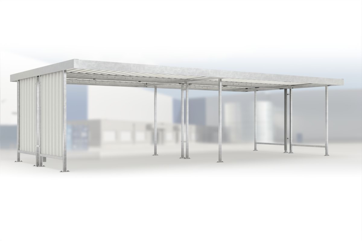 Anbaueinheit Leipzig L45 feuerverzinkt, 4300 × 4400 mm, Flachdach mit Trapezblech, mit Trapezblech-Seitenwand links – Stahlbausatz zur Eigenaufstellung