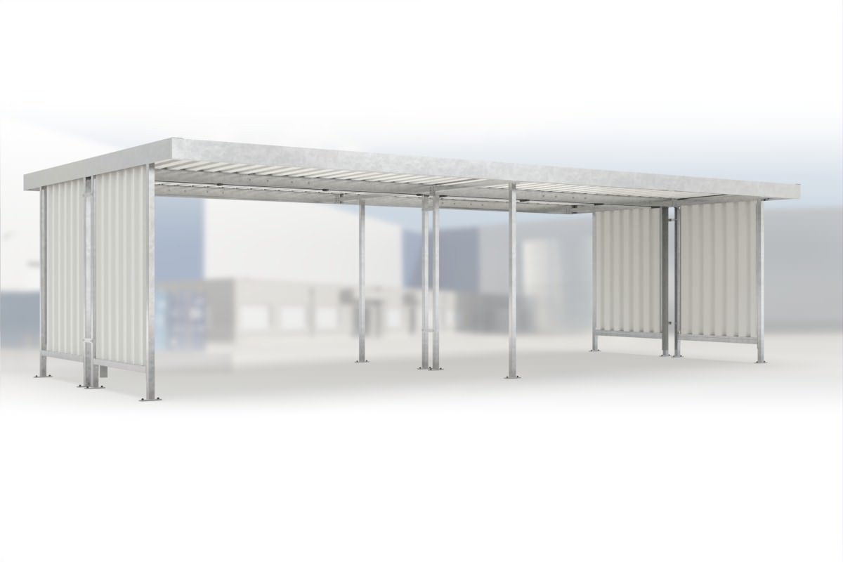 Anbaueinheit Leipzig L45 feuerverzinkt, 4300 × 4400 mm, Flachdach mit Trapezblech, mit Trapezblech-Seitenwänden links und rechts – Stahlbausatz zur Eigenaufstellung