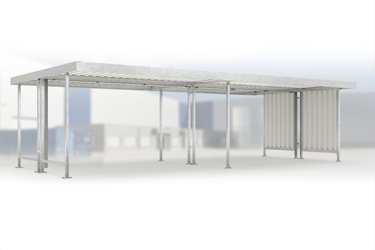 Anbaueinheit Leipzig L45 feuerverzinkt, 4300 × 4400 mm, Flachdach mit Trapezblech, mit Trapezblech-Seitenwand rechts – Stahlbausatz zur Eigenaufstellung