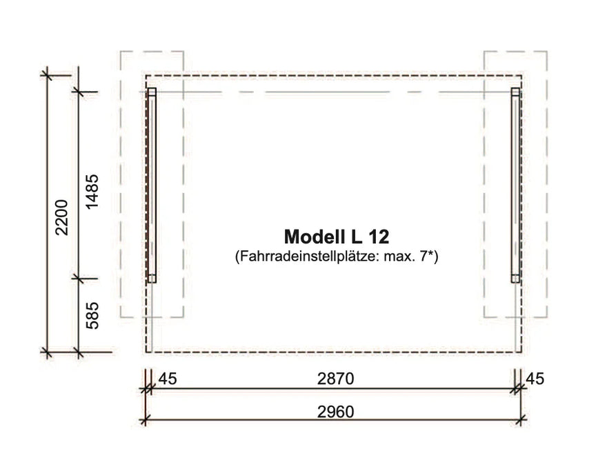 Modell L 12 Überdachung Leipzig, maßgezeichnet mit Fundamentmaßen, Fahrradüberdachung für bis zu 7 Fahrräder.