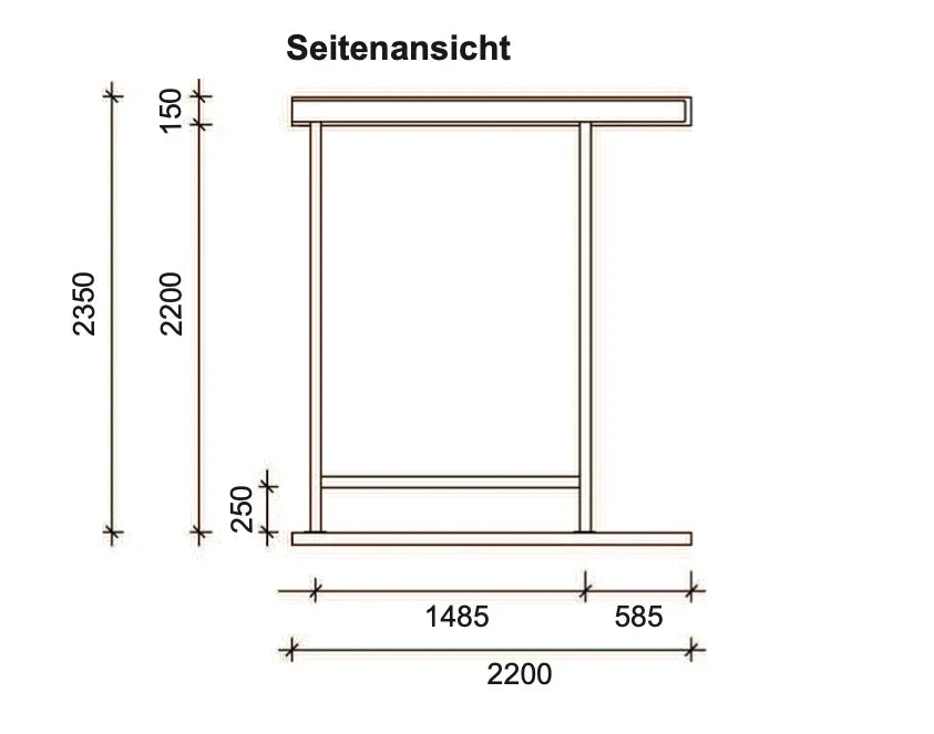 Seitenansicht Zeichnung einer Metallüberdachung mit angegebenen Maßen, ideal für Terrasse