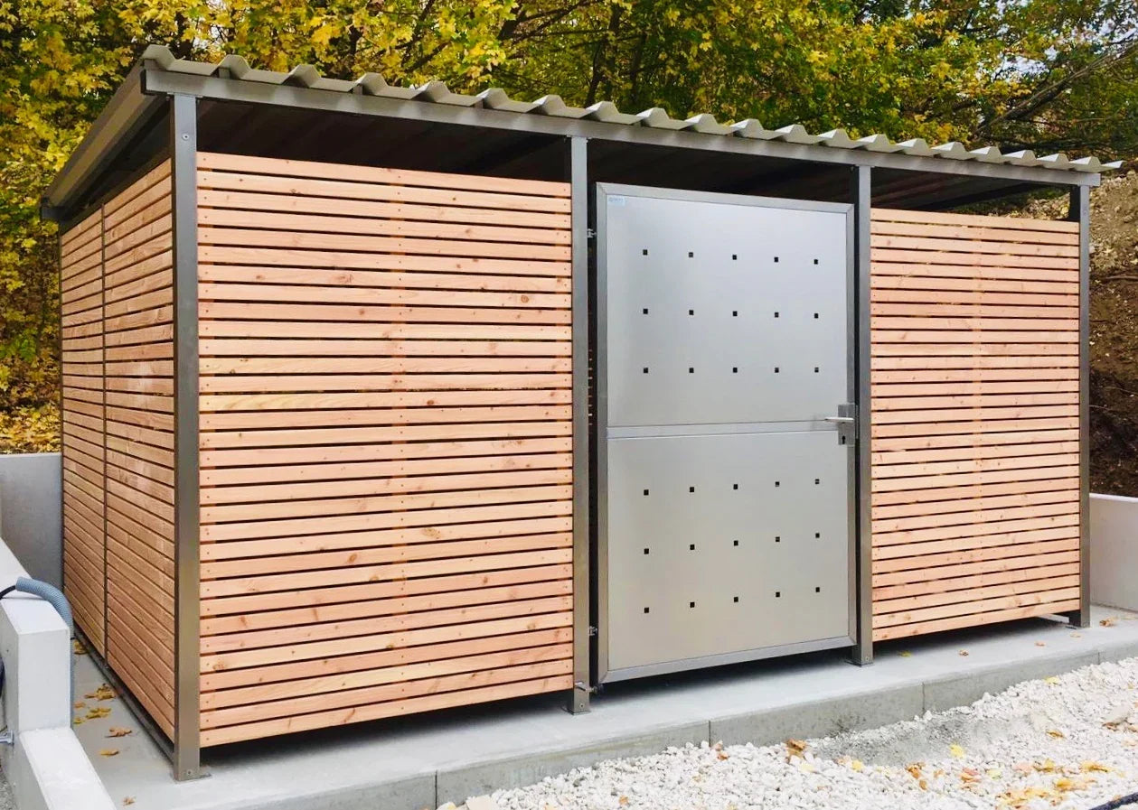 Überdachung aus Holz und Metall, ideal als Mülltonnenbox oder Fahrradunterstand, modern gestaltet