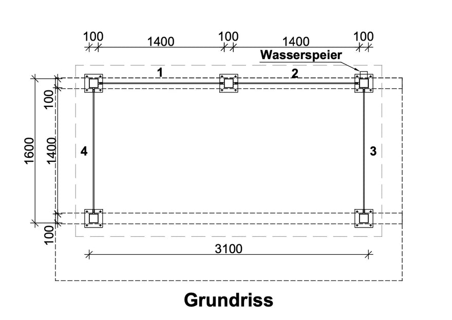 Konstruktionszeichnung Überdachung Passau mit Maßen, Grundriss, Wasserspeier markiert