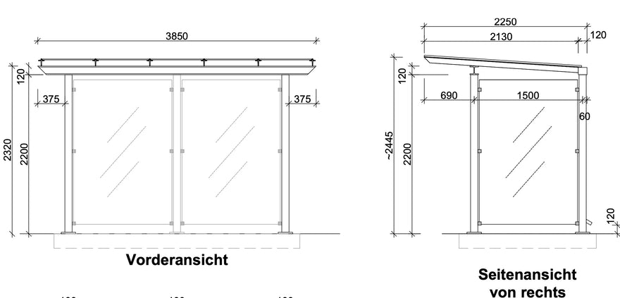 Konstruktionszeichnung Metall Raucherunterstand Passau, Vorder- und Seitenansicht mit Maßen