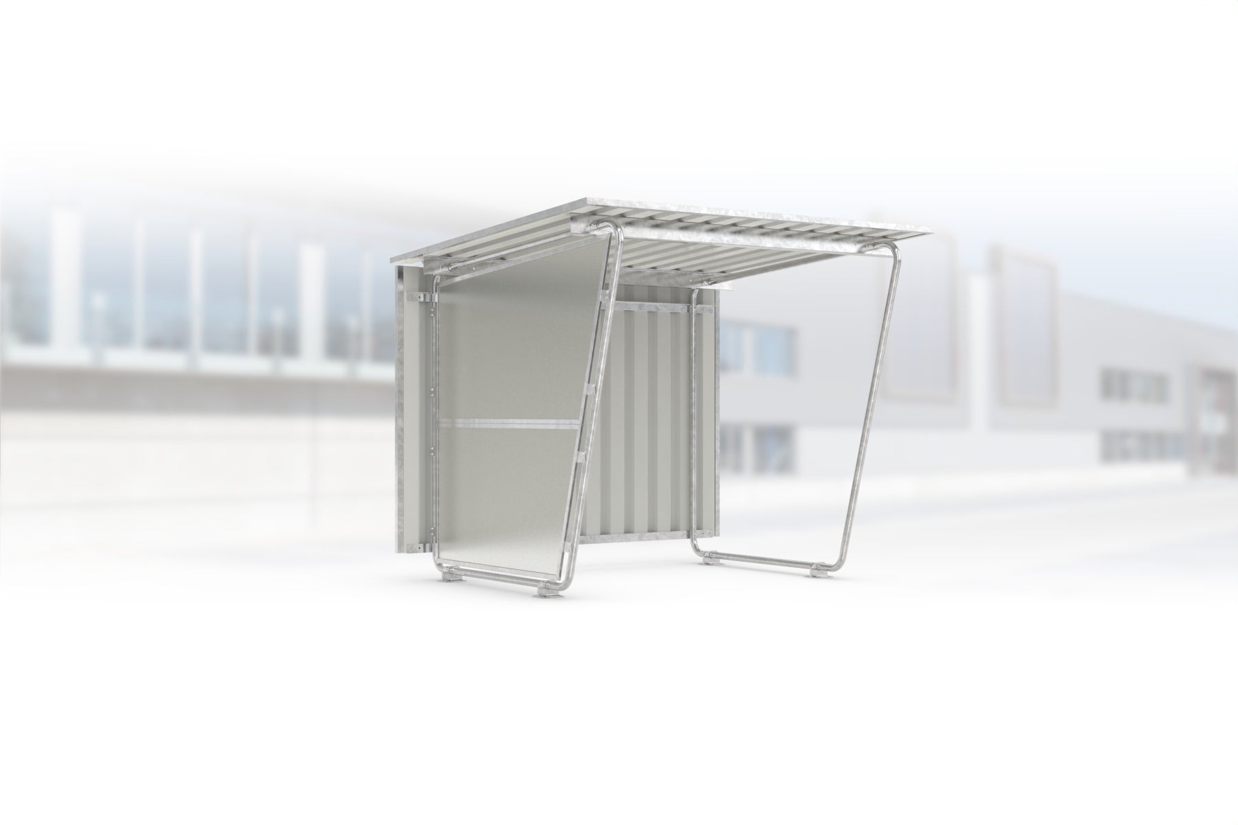 Überdachung Siegen S16 feuerverzinkt, 2145 × 2330 mm, Pultdach mit Trapezblech, mit lichtdurchlässiger Polyester-Seitenwand links, mit Trapezblech-Rückwand – Stahlbausatz zur Eigenaufstellung