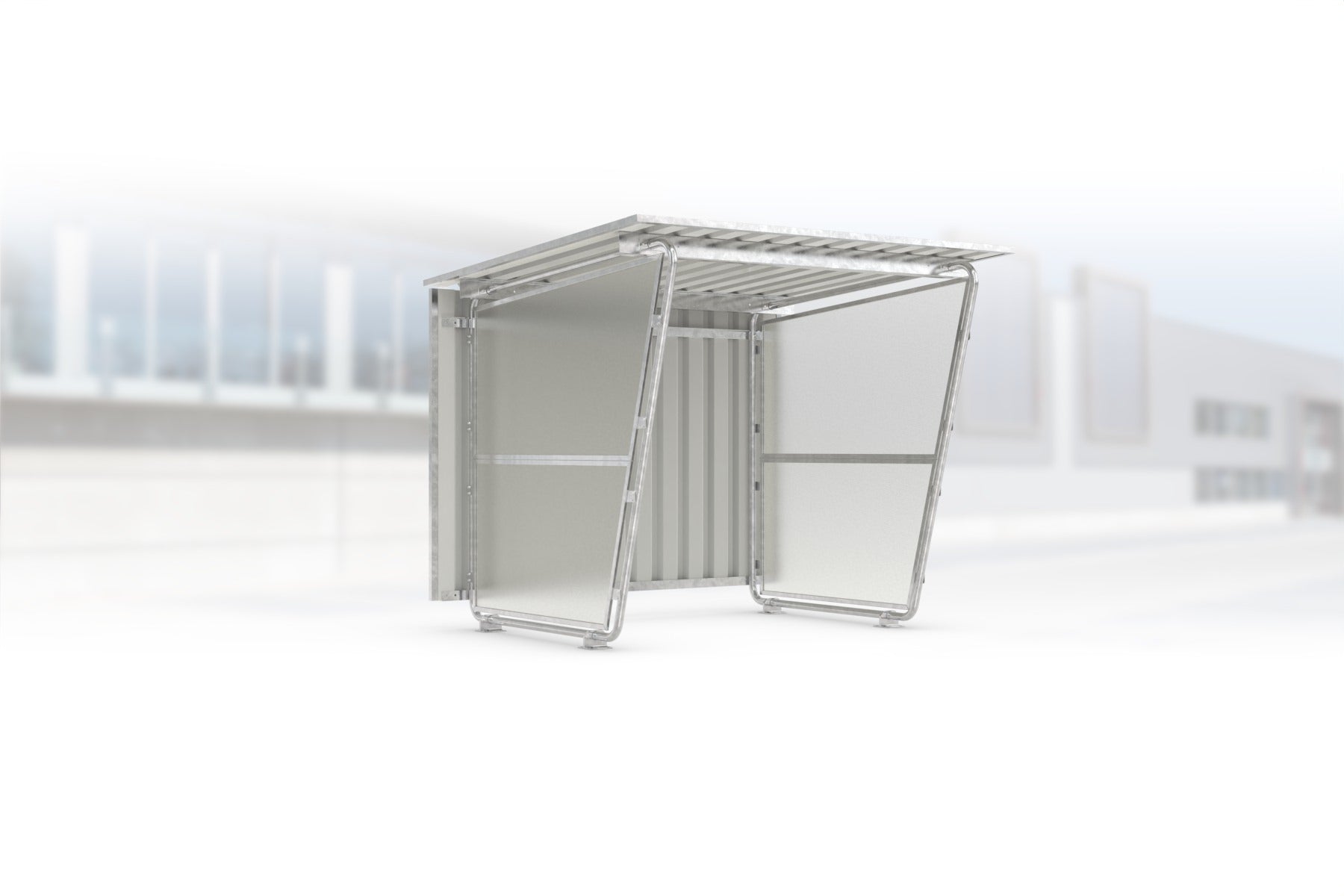 Überdachung Siegen S16 feuerverzinkt, 2145 × 2330 mm, Pultdach mit Trapezblech, mit lichtdurchlässigen Polyester-Seitenwänden links und rechts, mit Trapezblech-Rückwand – Stahlbausatz zur Eigenaufstellung