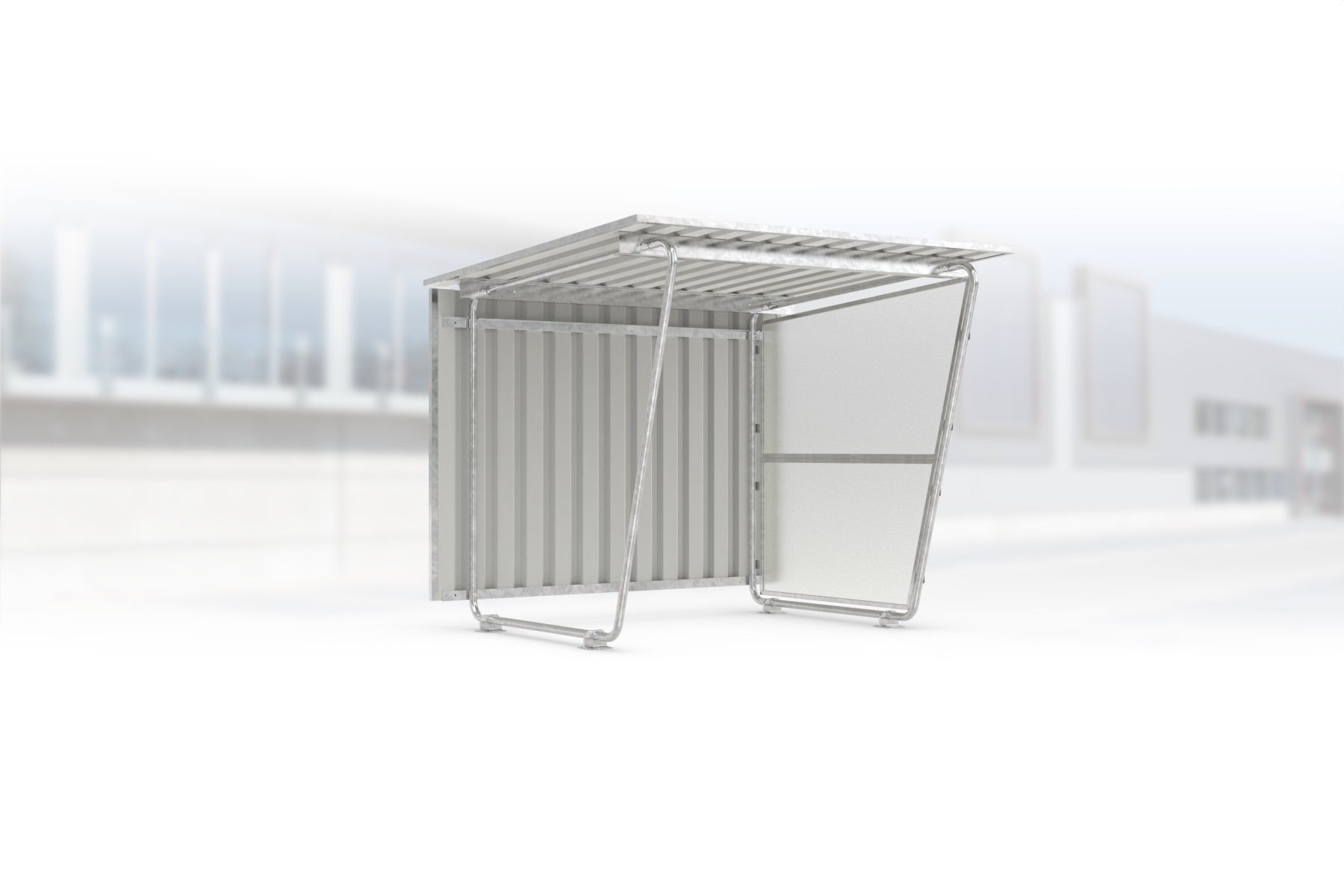 Überdachung Siegen S16 feuerverzinkt, 2145 × 2330 mm, Pultdach mit Trapezblech, mit lichtdurchlässiger Polyester-Seitenwand rechts, mit Trapezblech-Rückwand – Stahlbausatz zur Eigenaufstellung