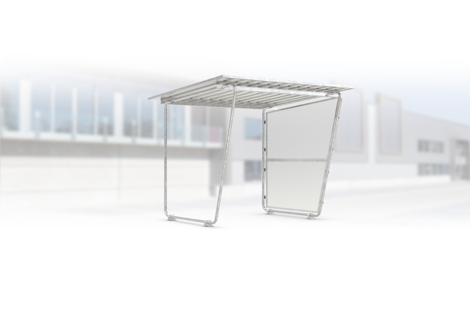 Überdachung Siegen S16 feuerverzinkt, 2145 × 2330 mm, Pultdach mit Trapezblech, mit lichtdurchlässiger Polyester-Seitenwand rechts, offene Rückseite – Stahlbausatz zur Eigenaufstellung