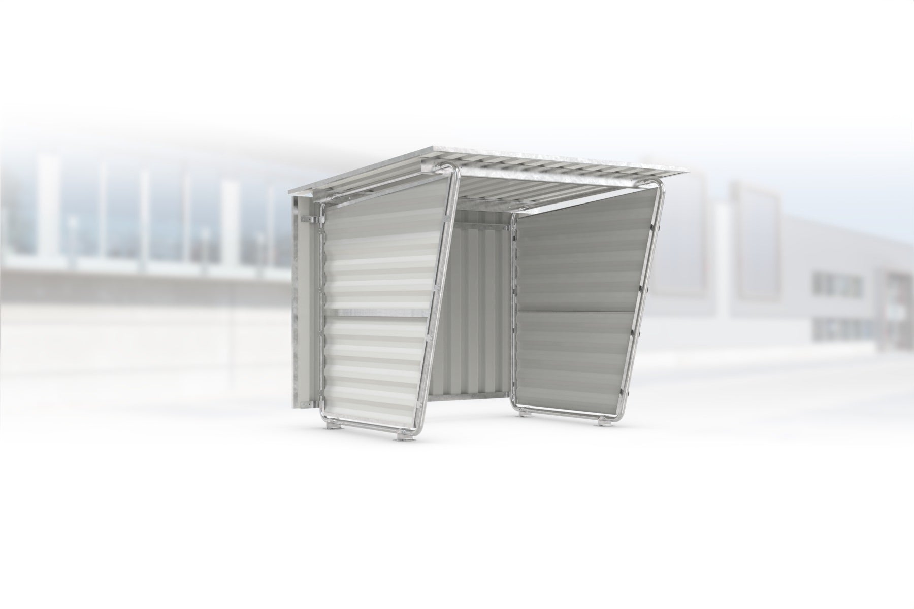 Überdachung Siegen S16 feuerverzinkt, 2145 × 2330 mm, Pultdach mit Trapezblech, mit Trapezblech-Seitenwänden links und rechts, mit Trapezblech-Rückwand – Stahlbausatz zur Eigenaufstellung