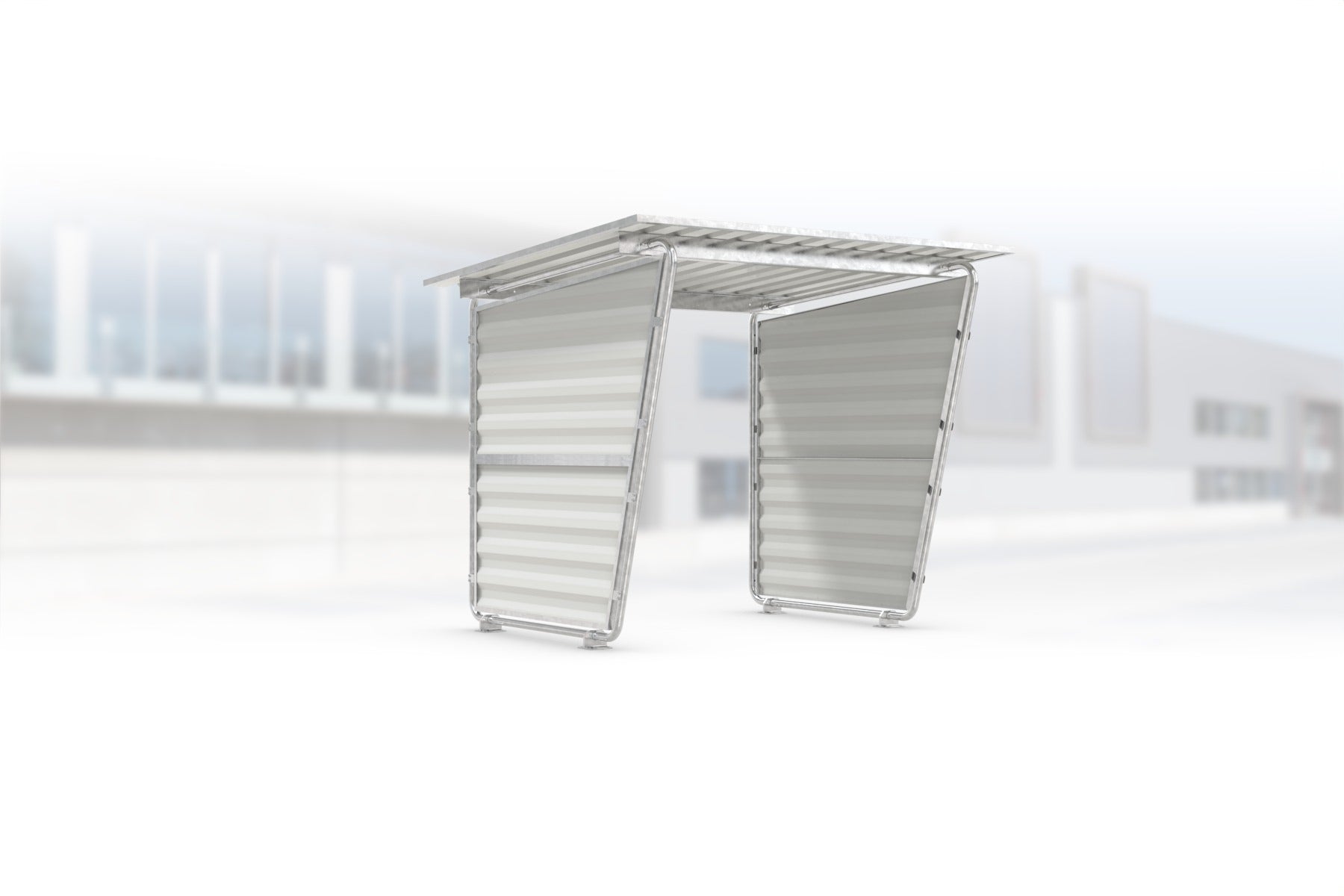 Überdachung Siegen S16 feuerverzinkt, 2145 × 2330 mm, Pultdach mit Trapezblech, mit Trapezblech-Seitenwänden links und rechts, offene Rückseite – Stahlbausatz zur Eigenaufstellung