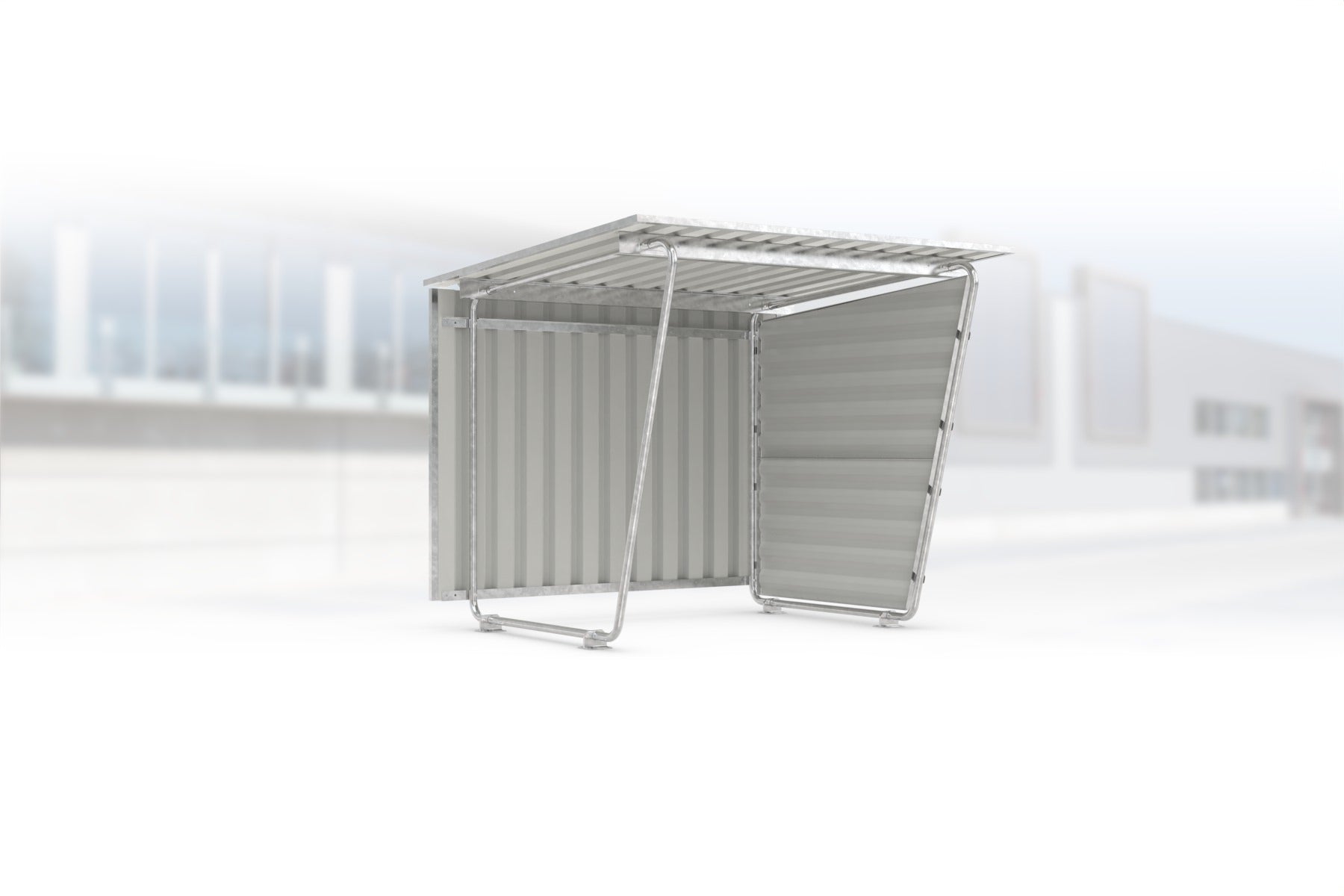 Überdachung Siegen S16 feuerverzinkt, 2145 × 2330 mm, Pultdach mit Trapezblech, mit Trapezblech-Seitenwand rechts, mit Trapezblech-Rückwand – Stahlbausatz zur Eigenaufstellung