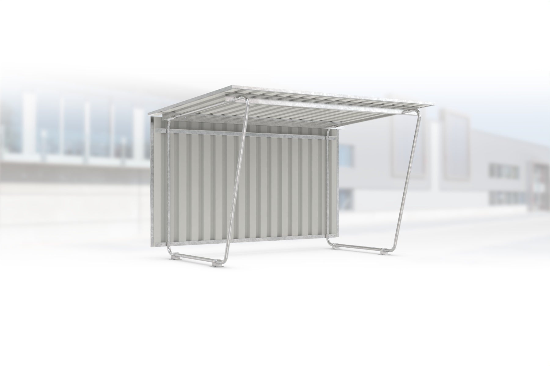 Überdachung Siegen S17 feuerverzinkt, 2975 × 2330 mm, Pultdach mit Trapezblech, ohne Seitenwände, mit Trapezblech-Rückwand – Stahlbausatz zur Eigenaufstellung