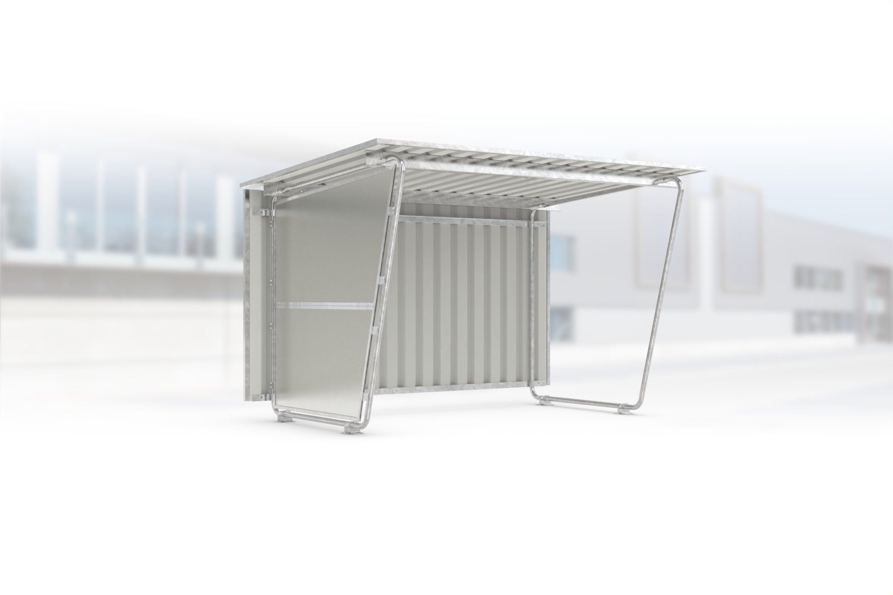 Überdachung Siegen S17 feuerverzinkt, 2975 × 2330 mm, Pultdach mit Trapezblech, mit lichtdurchlässiger Polyester-Seitenwand links, mit Trapezblech-Rückwand – Stahlbausatz zur Eigenaufstellung