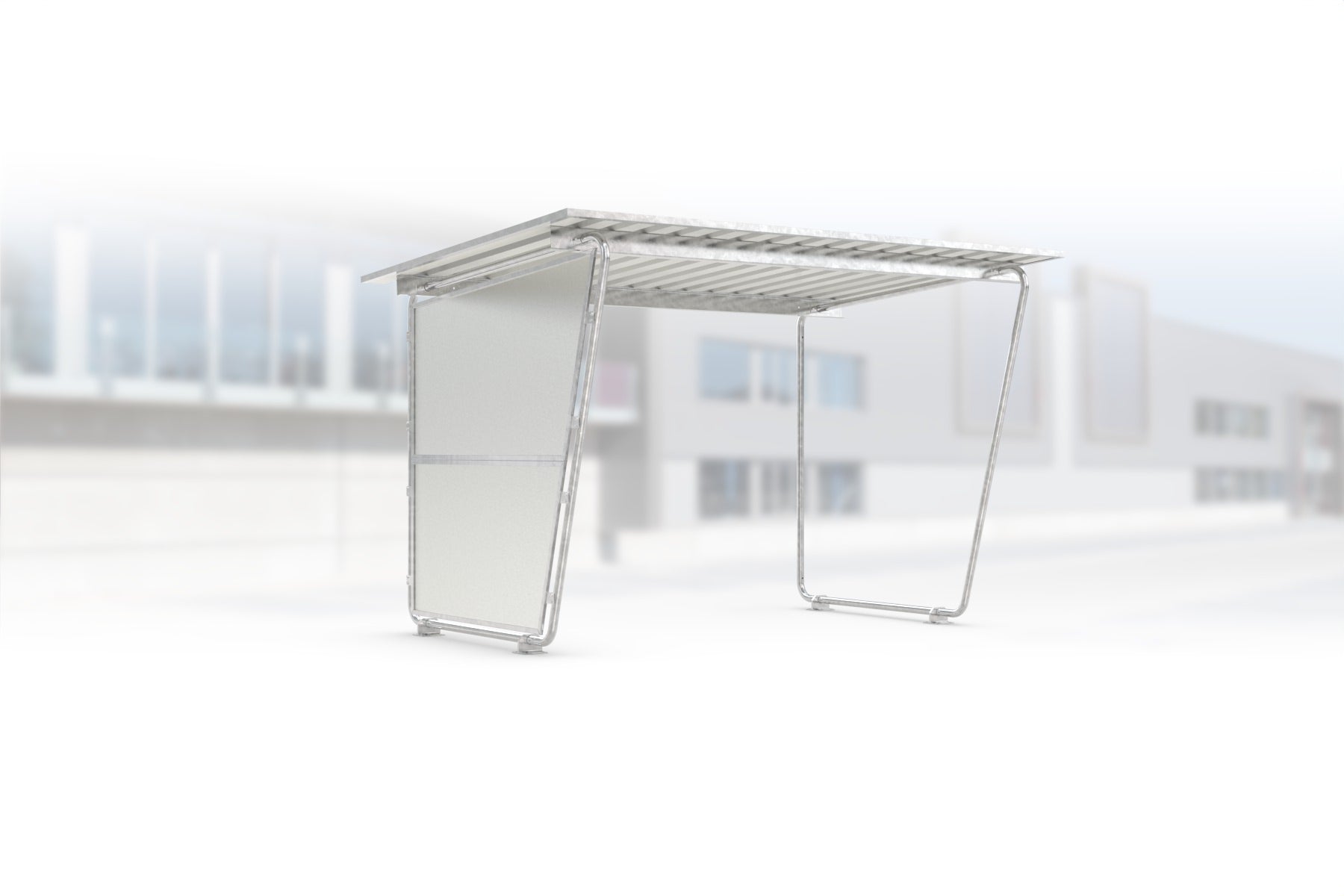 Überdachung Siegen S17 feuerverzinkt, 2975 × 2330 mm, Pultdach mit Trapezblech, mit lichtdurchlässiger Polyester-Seitenwand links, offene Rückseite – Stahlbausatz zur Eigenaufstellung