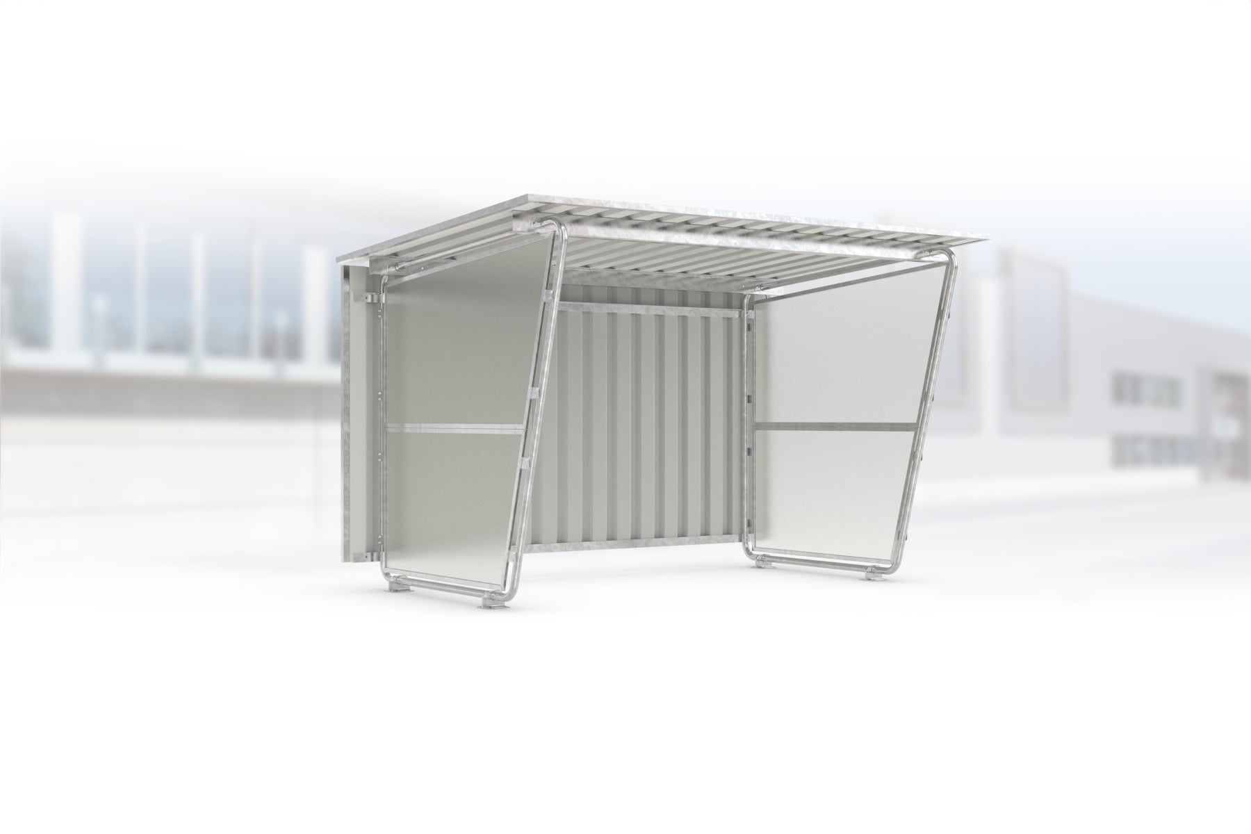 Überdachung Siegen S17 feuerverzinkt, 2975 × 2330 mm, Pultdach mit Trapezblech, mit lichtdurchlässigen Polyester-Seitenwänden links und rechts, mit Trapezblech-Rückwand – Stahlbausatz zur Eigenaufstellung