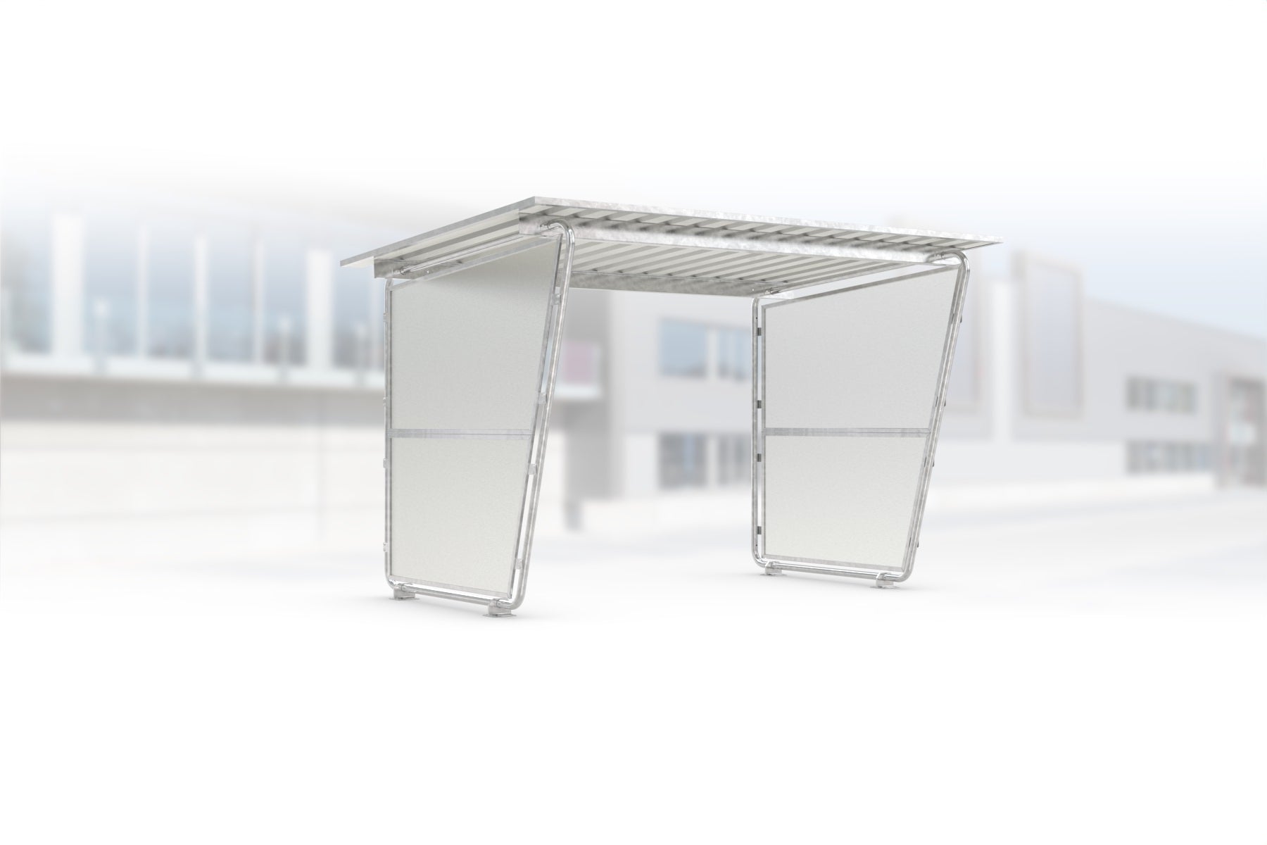 Überdachung Siegen S17 feuerverzinkt, 2975 × 2330 mm, Pultdach mit Trapezblech, mit lichtdurchlässigen Polyester-Seitenwänden links und rechts, offene Rückseite – Stahlbausatz zur Eigenaufstellung