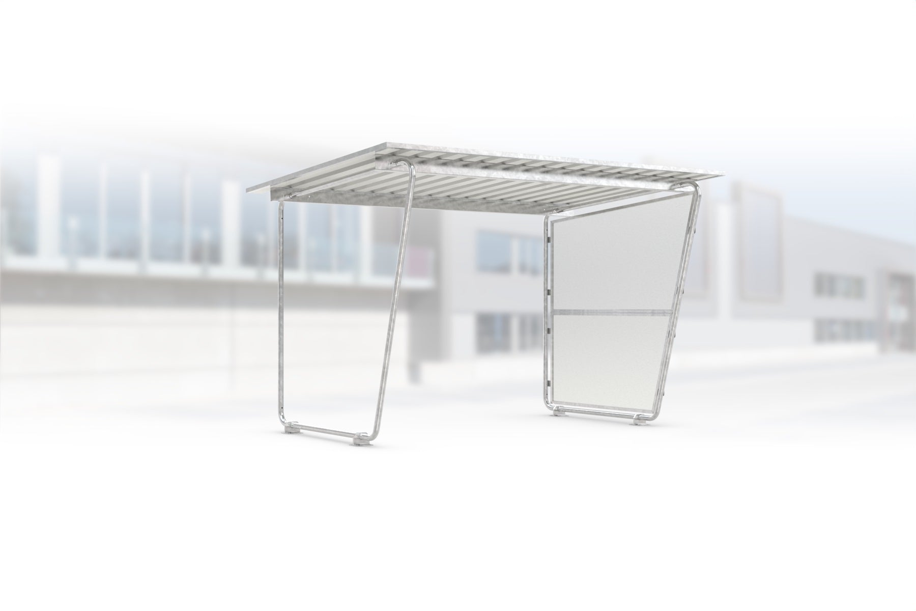 Überdachung Siegen S17 feuerverzinkt, 2975 × 2330 mm, Pultdach mit Trapezblech, mit lichtdurchlässiger Polyester-Seitenwand rechts, offene Rückseite – Stahlbausatz zur Eigenaufstellung
