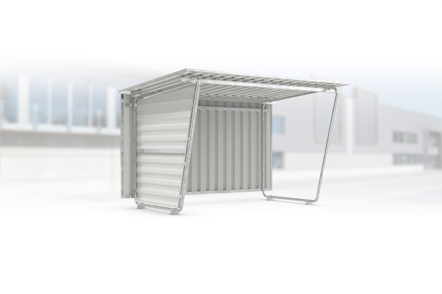 Überdachung Siegen S17 feuerverzinkt, 2975 × 2330 mm, Pultdach mit Trapezblech, mit Trapezblech-Seitenwand links, mit Trapezblech-Rückwand – Stahlbausatz zur Eigenaufstellung