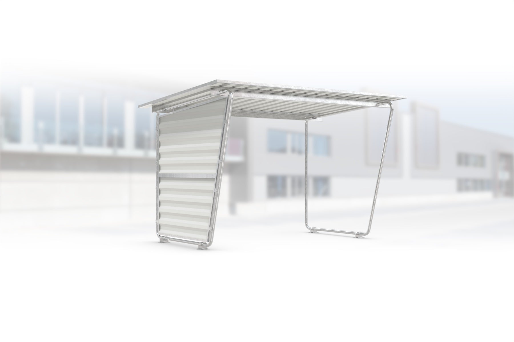 Überdachung Siegen S17 feuerverzinkt, 2975 × 2330 mm, Pultdach mit Trapezblech, mit Trapezblech-Seitenwand links, offene Rückseite – Stahlbausatz zur Eigenaufstellung