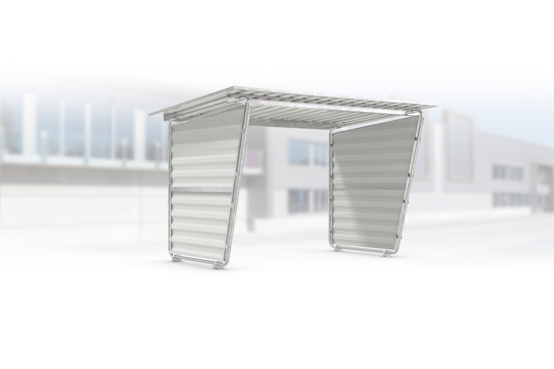 Überdachung Siegen S17 feuerverzinkt, 2975 × 2330 mm, Pultdach mit Trapezblech, mit Trapezblech-Seitenwänden links und rechts, offene Rückseite – Stahlbausatz zur Eigenaufstellung