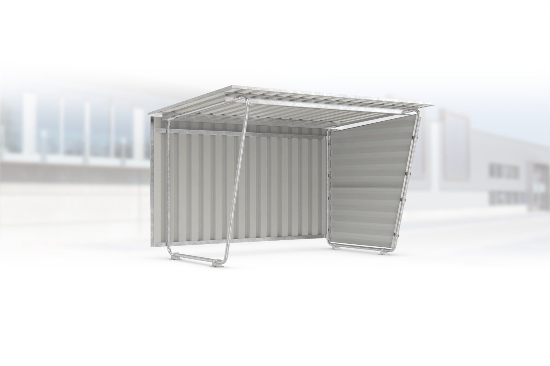 Überdachung Siegen S17 feuerverzinkt, 2975 × 2330 mm, Pultdach mit Trapezblech, mit Trapezblech-Seitenwand rechts, mit Trapezblech-Rückwand – Stahlbausatz zur Eigenaufstellung