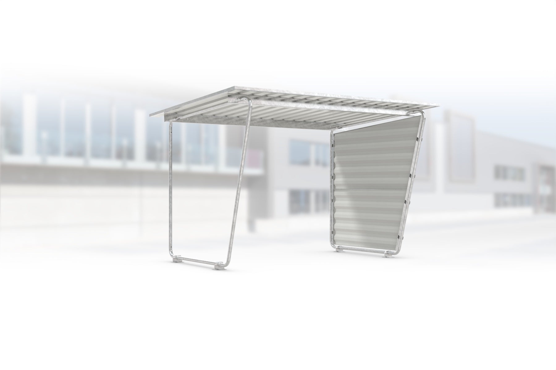 Überdachung Siegen S17 feuerverzinkt, 2975 × 2330 mm, Pultdach mit Trapezblech, mit Trapezblech-Seitenwand rechts, offene Rückseite – Stahlbausatz zur Eigenaufstellung