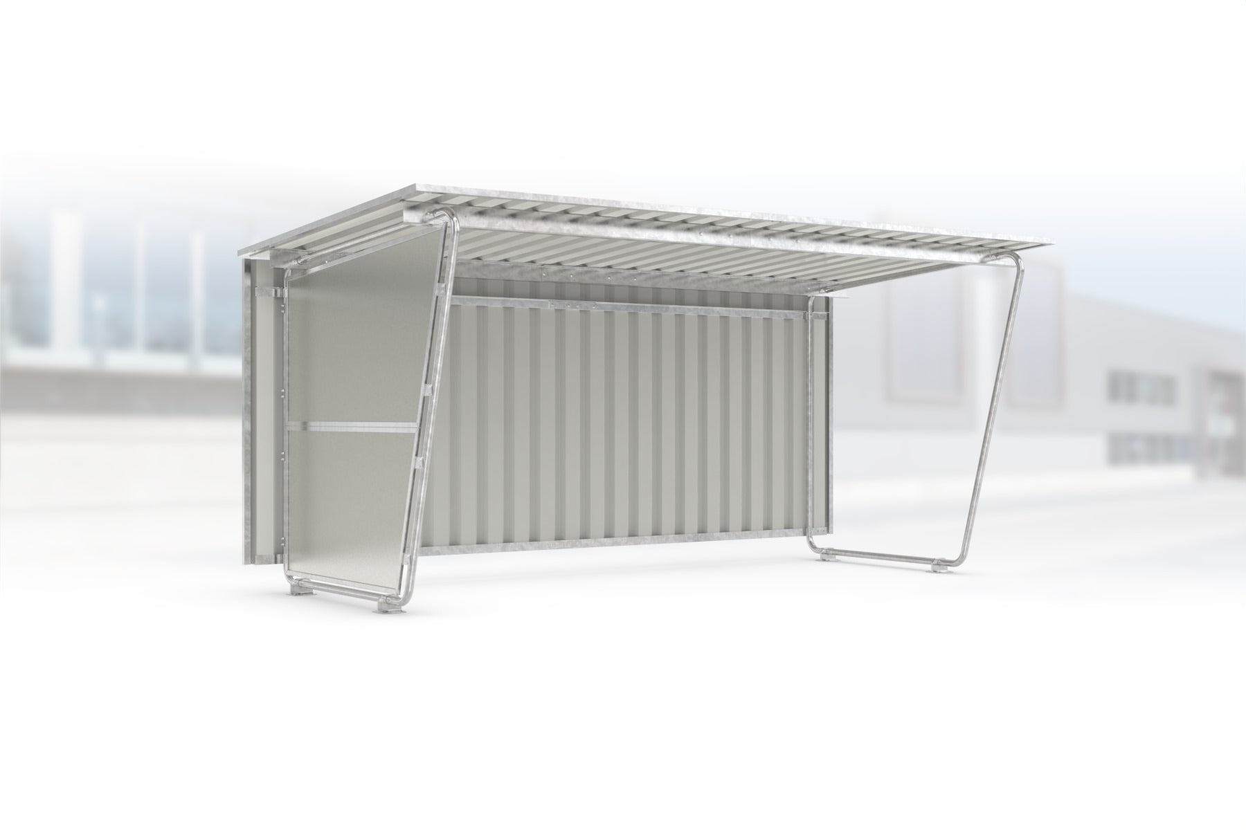Überdachung Siegen S18 feuerverzinkt, 4300 × 2330 mm, Pultdach mit Trapezblech, mit lichtdurchlässiger Polyester-Seitenwand links, mit Trapezblech-Rückwand – Stahlbausatz zur Eigenaufstellung