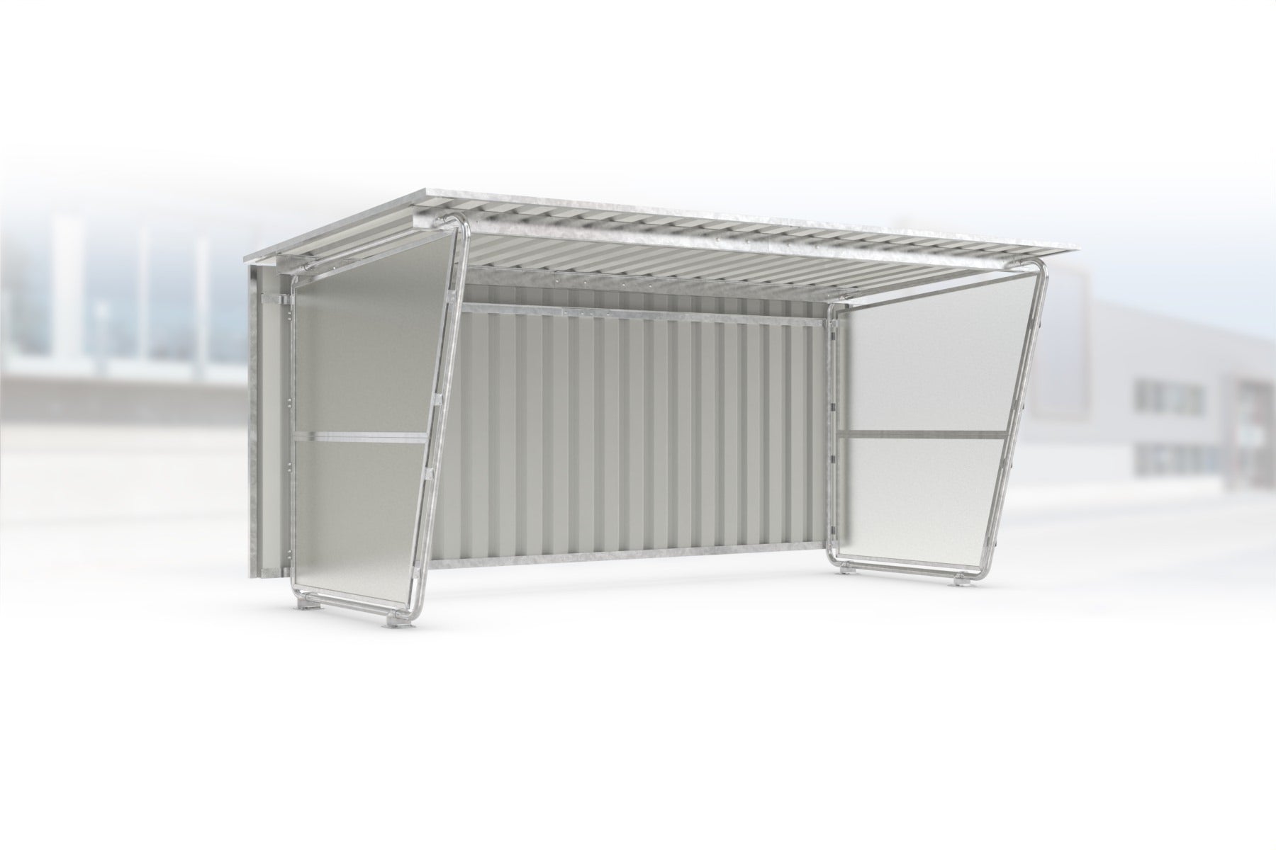 Überdachung Siegen S18 feuerverzinkt, 4300 × 2330 mm, Pultdach mit Trapezblech, mit lichtdurchlässigen Polyester-Seitenwänden links und rechts, mit Trapezblech-Rückwand – Stahlbausatz zur Eigenaufstellung