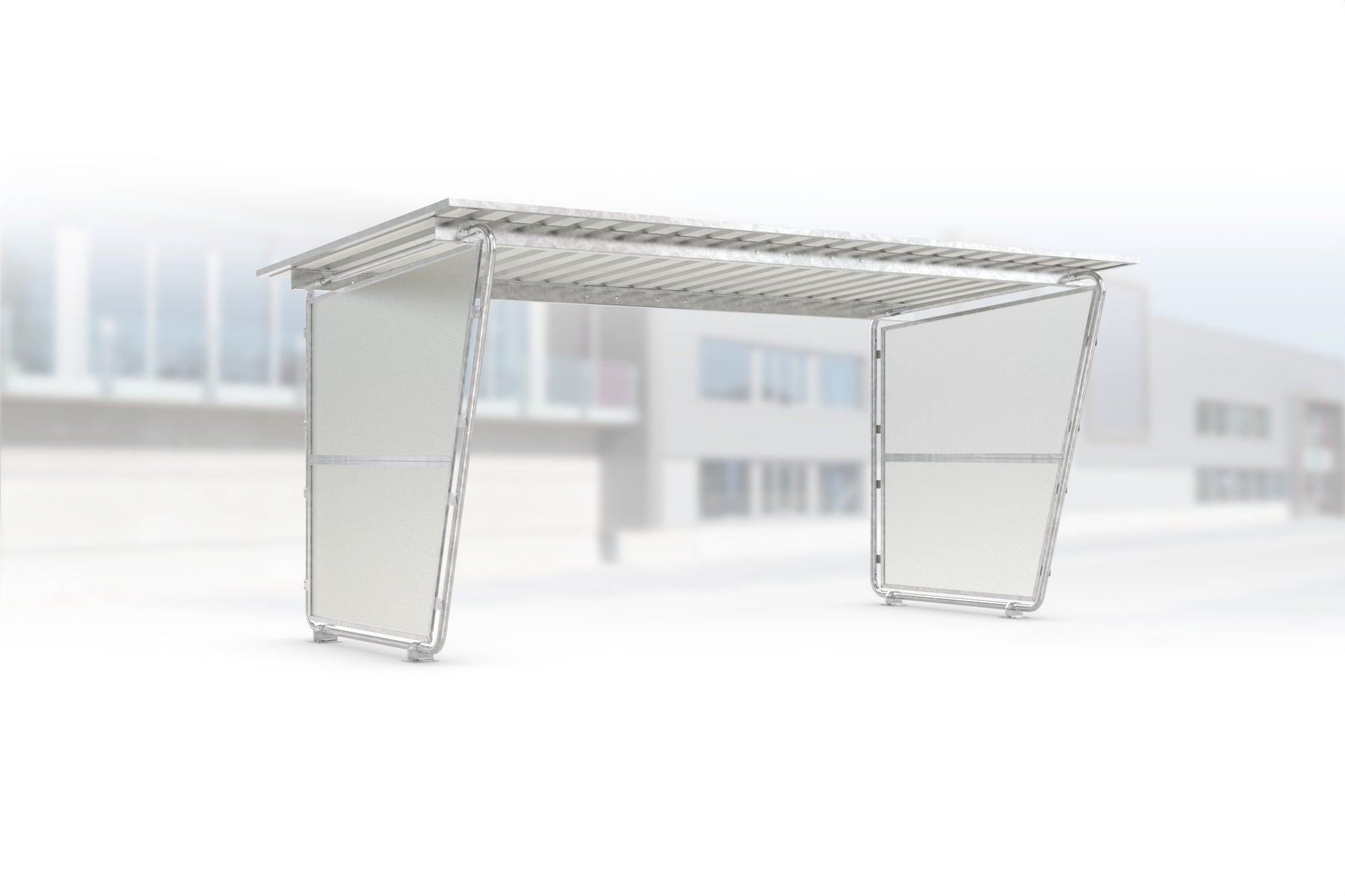 Überdachung Siegen S18 feuerverzinkt, 4300 × 2330 mm, Pultdach mit Trapezblech, mit lichtdurchlässigen Polyester-Seitenwänden links und rechts, offene Rückseite – Stahlbausatz zur Eigenaufstellung