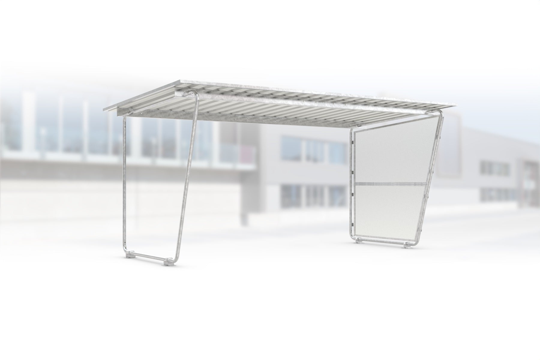 Überdachung Siegen S18 feuerverzinkt, 4300 × 2330 mm, Pultdach mit Trapezblech, mit lichtdurchlässiger Polyester-Seitenwand rechts, offene Rückseite – Stahlbausatz zur Eigenaufstellung
