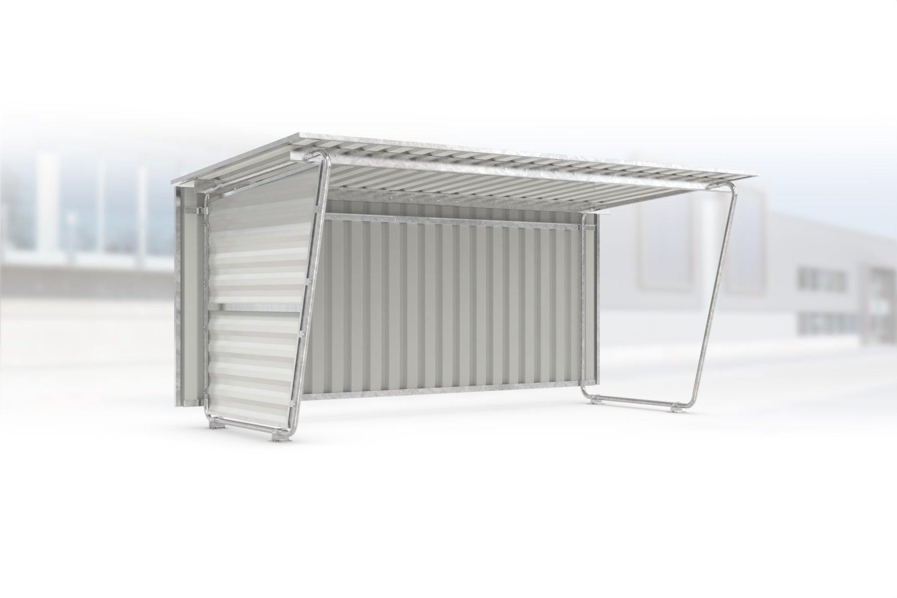 Überdachung Siegen S18 feuerverzinkt, 4300 × 2330 mm, Pultdach mit Trapezblech, mit Trapezblech-Seitenwand links, mit Trapezblech-Rückwand – Stahlbausatz zur Eigenaufstellung