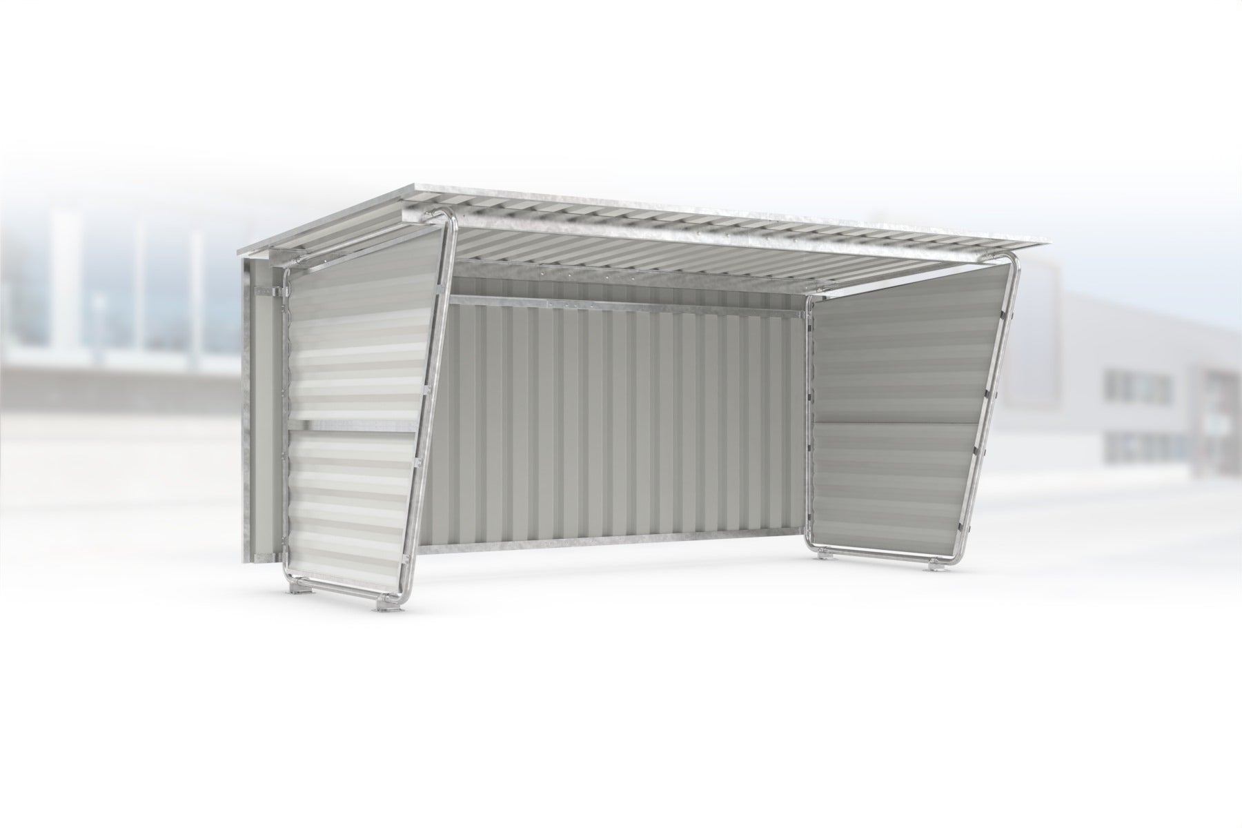 Überdachung Siegen S18 feuerverzinkt, 4300 × 2330 mm, Pultdach mit Trapezblech, mit Trapezblech-Seitenwänden links und rechts, mit Trapezblech-Rückwand – Stahlbausatz zur Eigenaufstellung