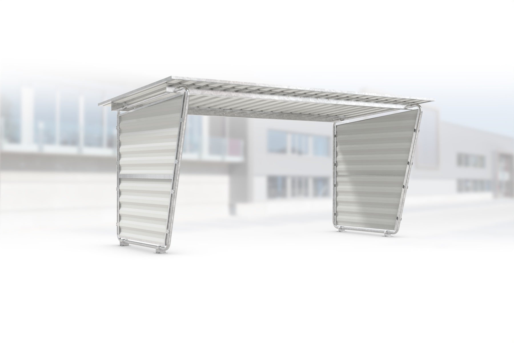 Überdachung Siegen S18 feuerverzinkt, 4300 × 2330 mm, Pultdach mit Trapezblech, mit Trapezblech-Seitenwänden links und rechts, offene Rückseite – Stahlbausatz zur Eigenaufstellung