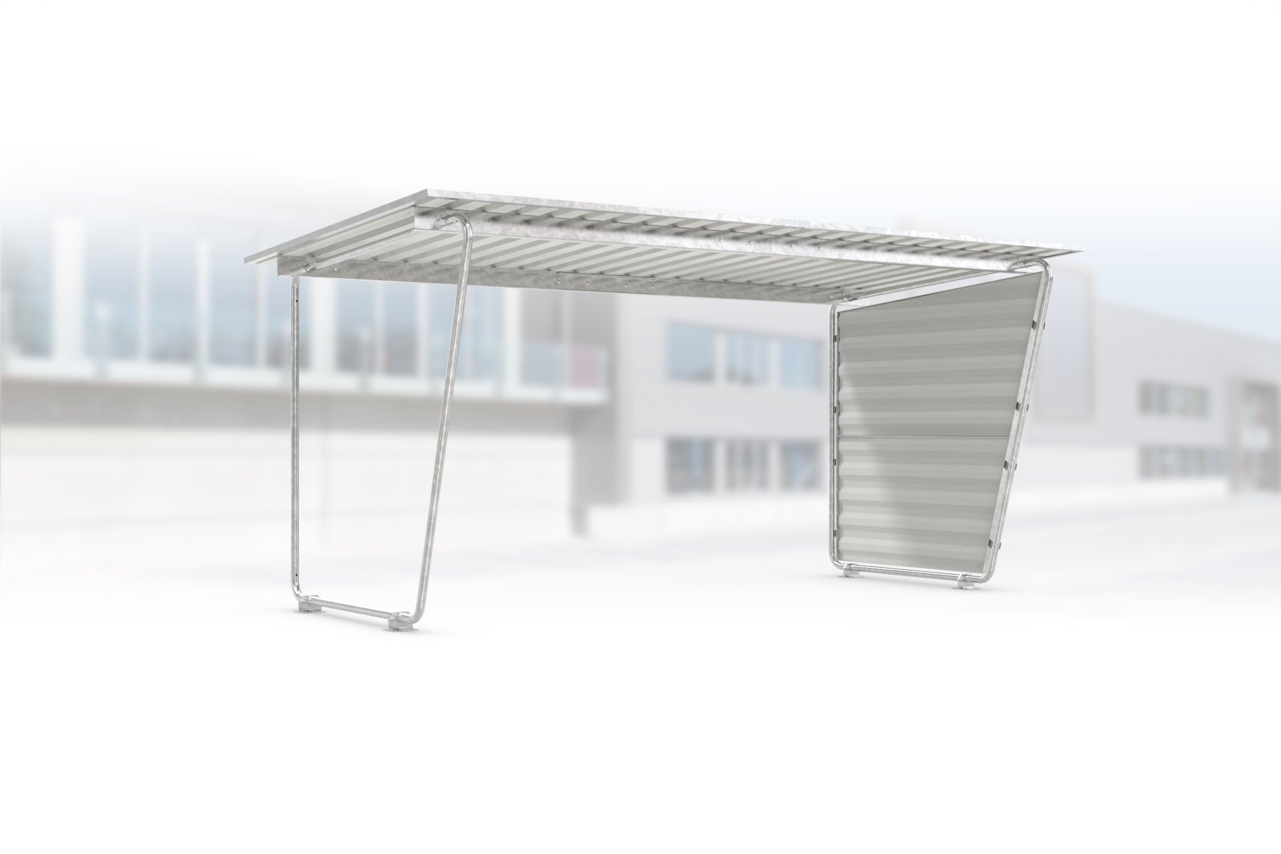 Überdachung Siegen S18 feuerverzinkt, 4300 × 2330 mm, Pultdach mit Trapezblech, mit Trapezblech-Seitenwand rechts, offene Rückseite – Stahlbausatz zur Eigenaufstellung