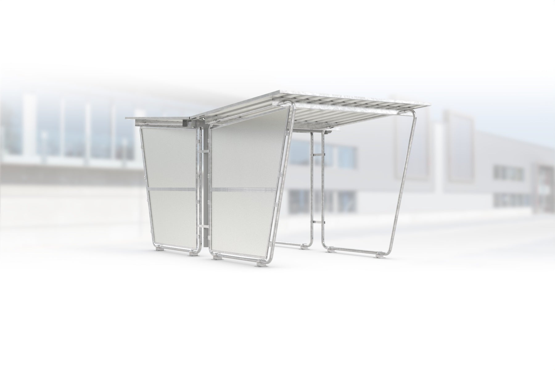 Überdachung Siegen S26 feuerverzinkt, doppelseitig, 2145 × 4660 mm, Pultdach mit Trapezblech, mit lichtdurchlässiger Polyester-Seitenwand links, Regenrinne und Fallrohr inklusive – Stahlbausatz zur Eigenaufstellung