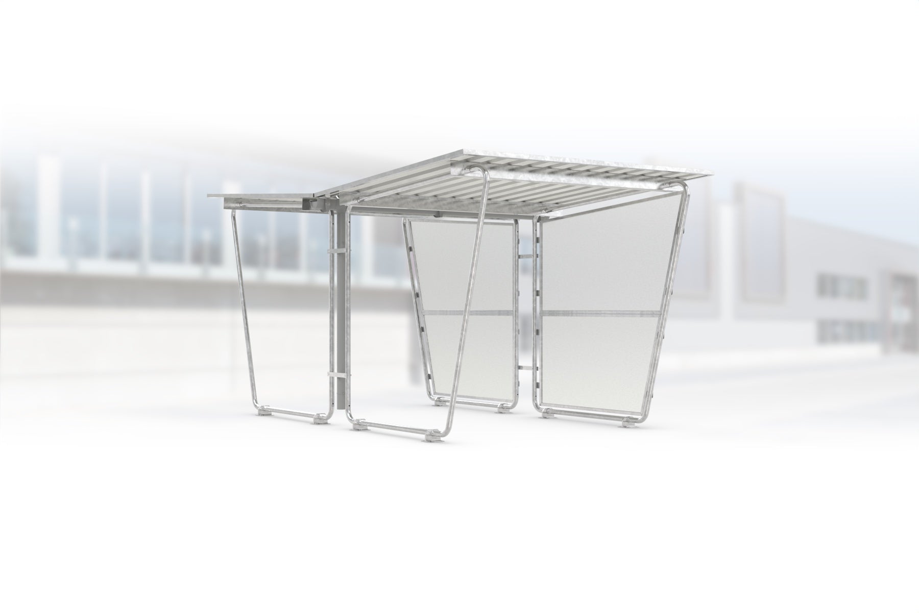 Überdachung Siegen S26 feuerverzinkt, doppelseitig, 2145 × 4660 mm, Pultdach mit Trapezblech, mit lichtdurchlässiger Polyester-Seitenwand rechts, Regenrinne und Fallrohr inklusive – Stahlbausatz zur Eigenaufstellung