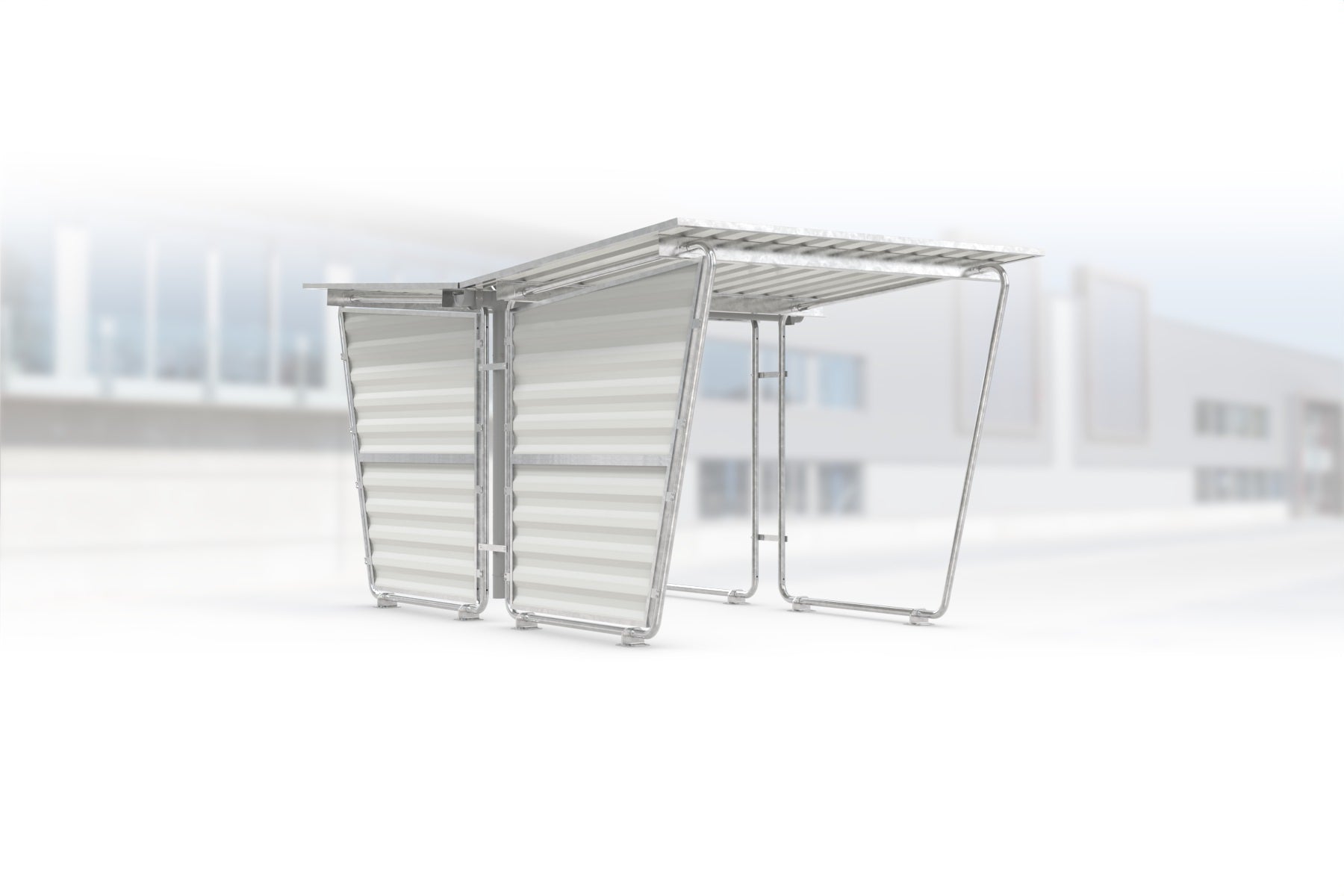 Überdachung Siegen S26 feuerverzinkt, doppelseitig, 2145 × 4660 mm, Pultdach mit Trapezblech, mit Trapezblech-Seitenwand links, Regenrinne und Fallrohr inklusive – Stahlbausatz zur Eigenaufstellung