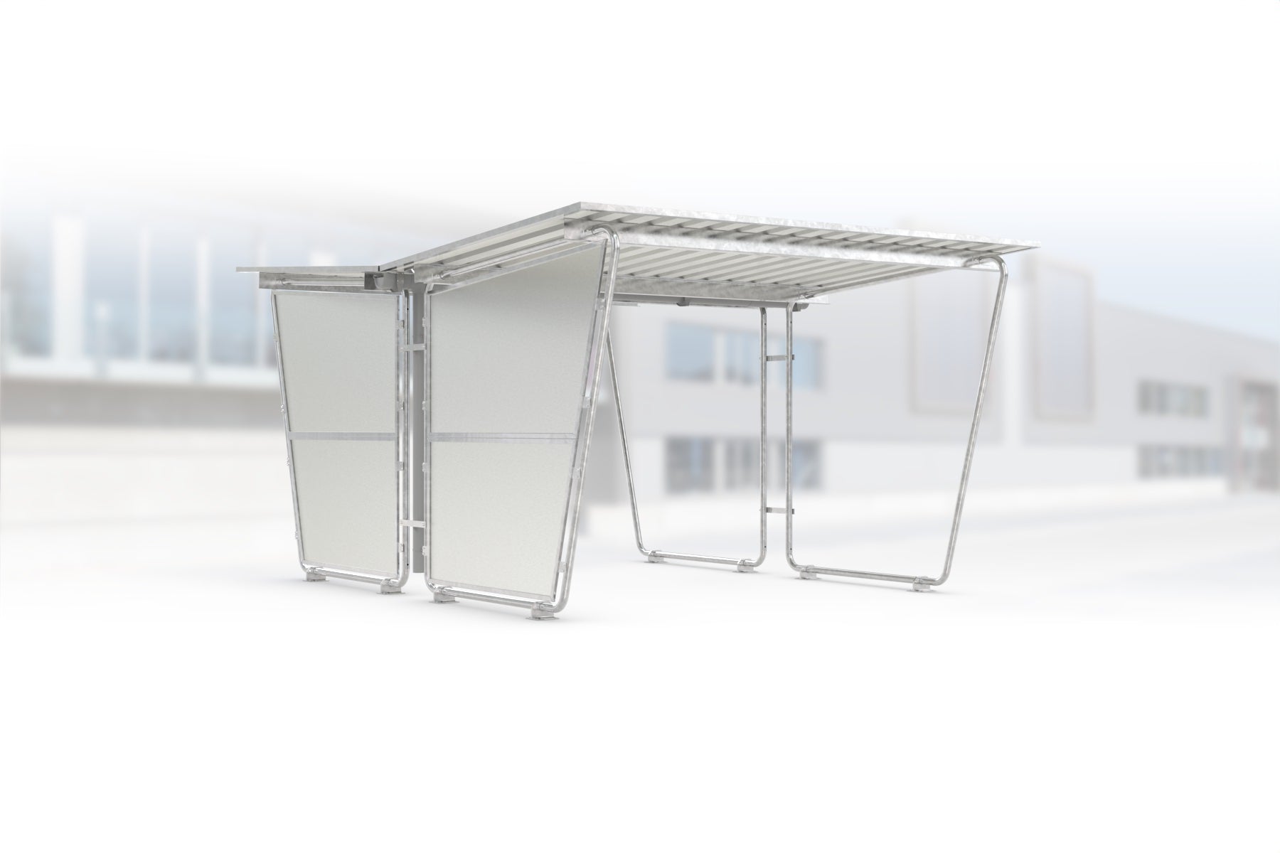 Überdachung Siegen S27 feuerverzinkt, doppelseitig, 2975 × 4660 mm, Pultdach mit Trapezblech, mit lichtdurchlässiger Polyester-Seitenwand links, Regenrinne und Fallrohr inklusive – Stahlbausatz zur Eigenaufstellung