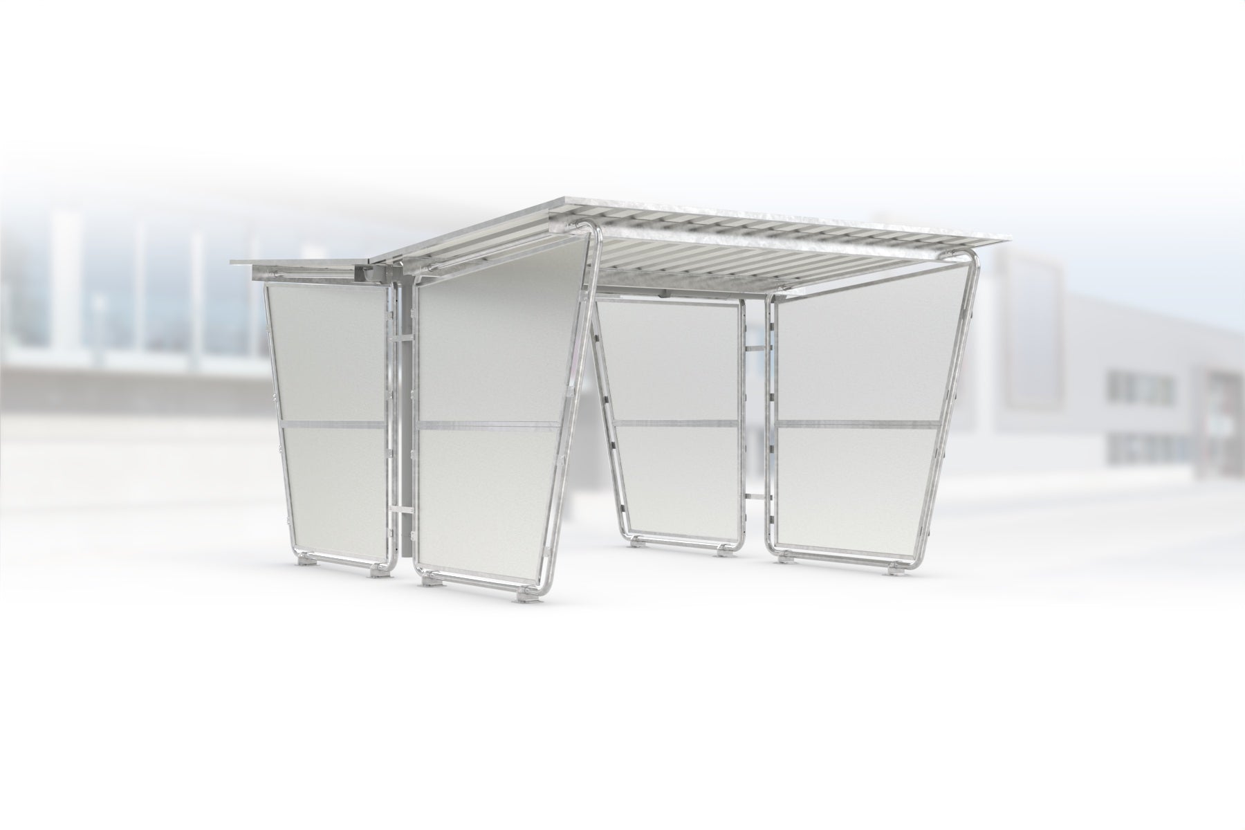 Überdachung Siegen S27 feuerverzinkt, doppelseitig, 2975 × 4660 mm, Pultdach mit Trapezblech, mit lichtdurchlässigen Polyester-Seitenwänden links und rechts, Regenrinne und Fallrohr inklusive – Stahlbausatz zur Eigenaufstellung