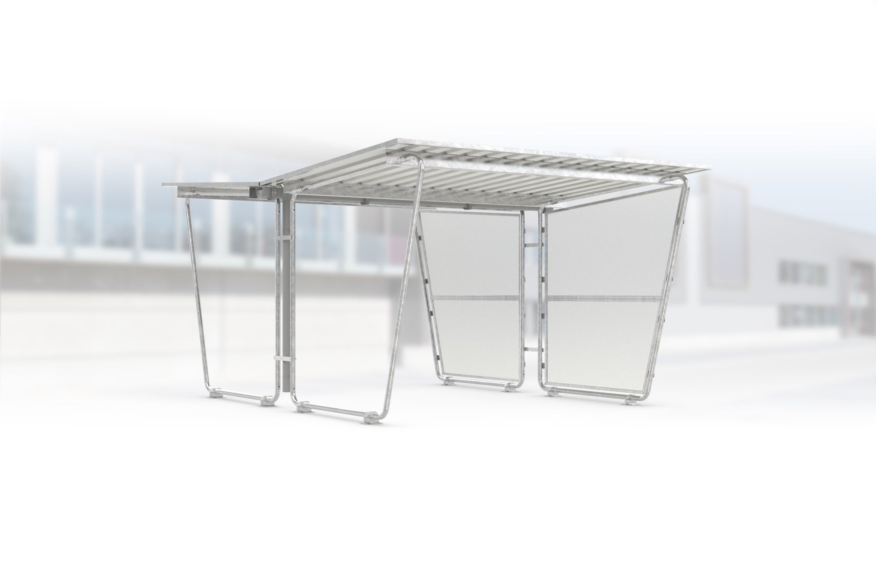 Überdachung Siegen S27 feuerverzinkt, doppelseitig, 2975 × 4660 mm, Pultdach mit Trapezblech, mit lichtdurchlässiger Polyester-Seitenwand rechts, Regenrinne und Fallrohr inklusive – Stahlbausatz zur Eigenaufstellung