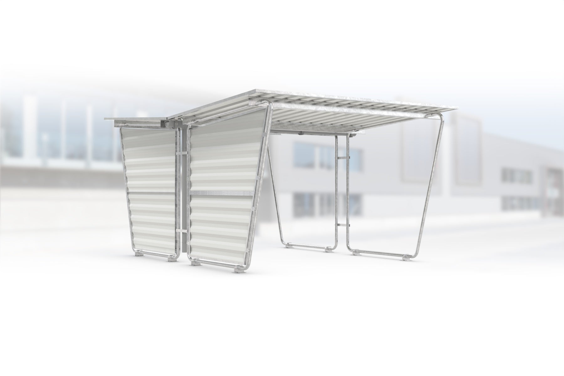 Überdachung Siegen S27 feuerverzinkt, doppelseitig, 2975 × 4660 mm, Pultdach mit Trapezblech, mit Trapezblech-Seitenwand links, Regenrinne und Fallrohr inklusive – Stahlbausatz zur Eigenaufstellung