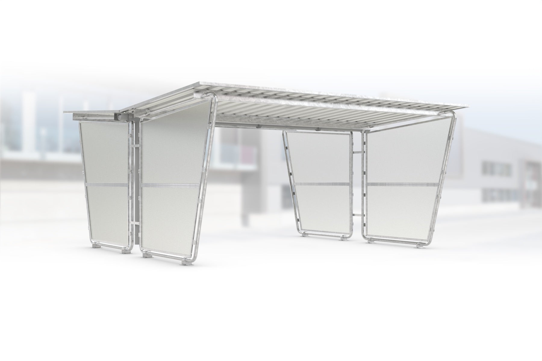 Überdachung Siegen S28 feuerverzinkt, doppelseitig, 4300 × 4660 mm, Pultdach mit Trapezblech, mit lichtdurchlässigen Polyester-Seitenwänden links und rechts, Regenrinne und Fallrohr inklusive – Stahlbausatz zur Eigenaufstellung