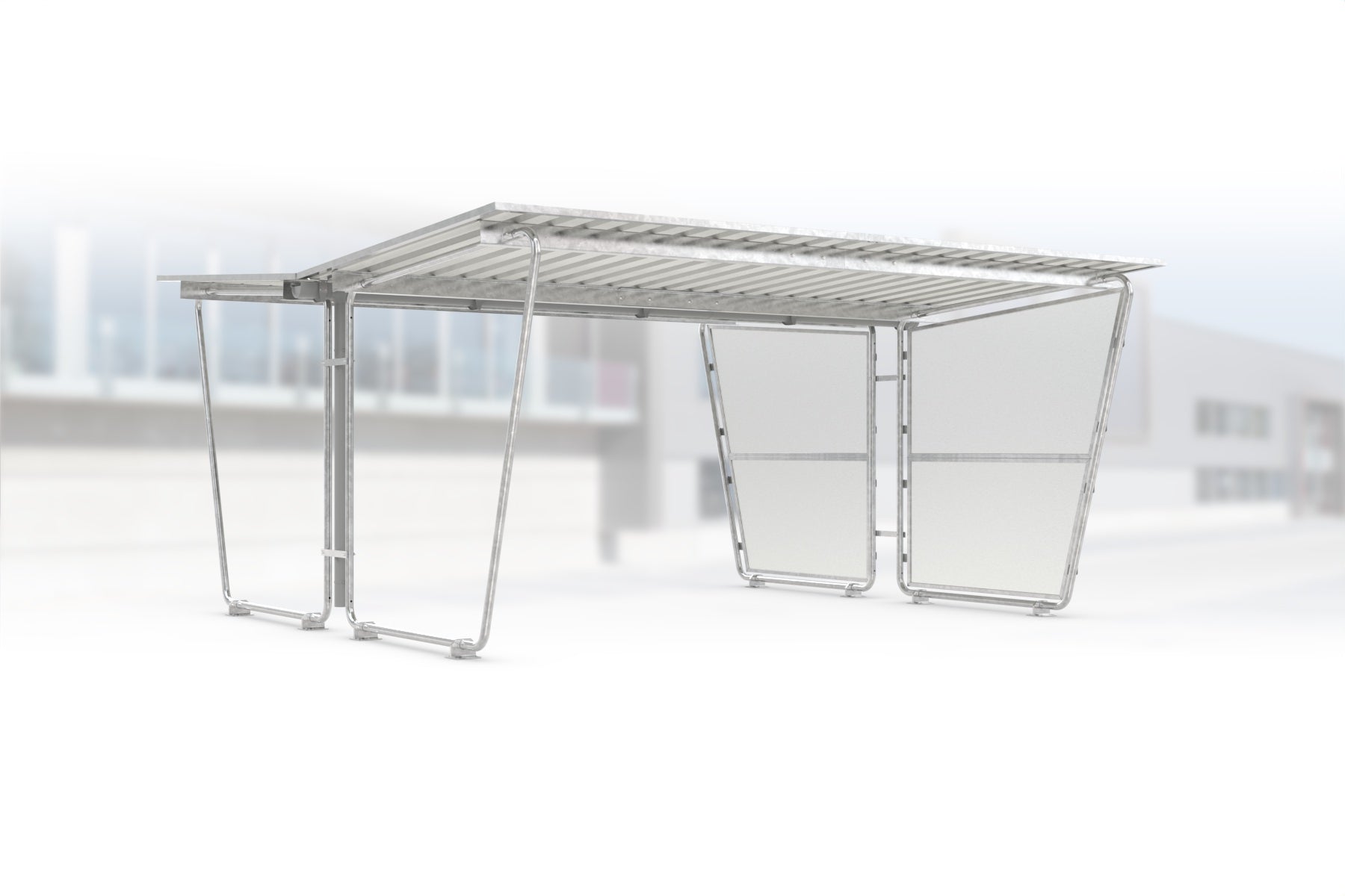 Überdachung Siegen S28 feuerverzinkt, doppelseitig, 4300 × 4660 mm, Pultdach mit Trapezblech, mit lichtdurchlässiger Polyester-Seitenwand rechts, Regenrinne und Fallrohr inklusive – Stahlbausatz zur Eigenaufstellung